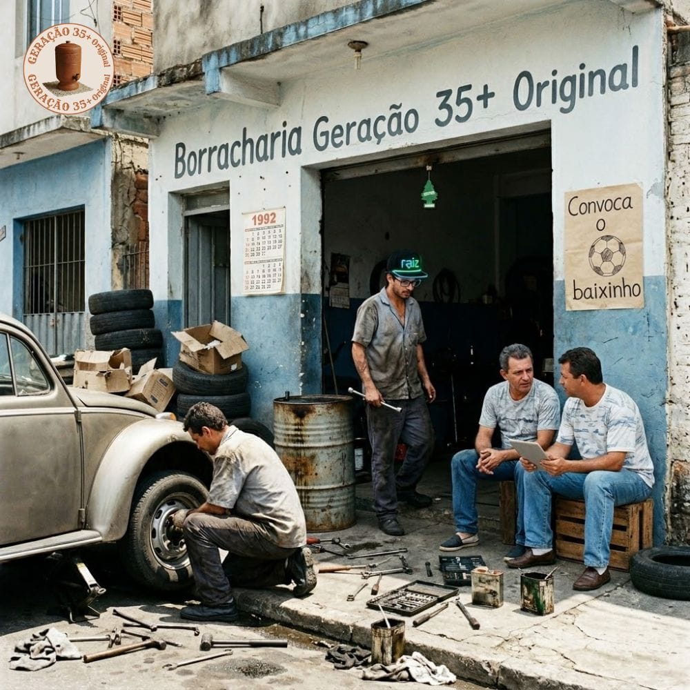 Imagem realista de uma borracharia raiz com a fachada escrita 'Borracharia Geração 35+ Original'. Um mecânico sujo de graxa troca o pneu de um fusca enquanto três homens conversam. No topo, a frase 'O QUE ESTÁ ERRADO NESSA BORRACHARIA RAIZ?'. A imagem contém três erros propositais de época para o desafio da borracharia dos anos 90.