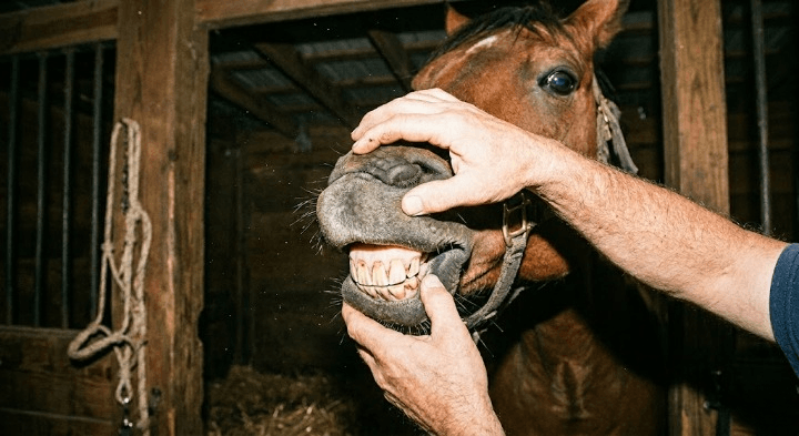 Pessoa olhando os dentes de um cavalo dado
