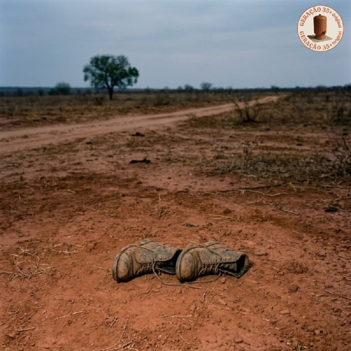 Par de botas velhas e empoeiradas abandonadas no chão de uma estrada de terra no meio de uma paisagem seca e isolada, ilustrando visualmente onde Judas perdeu as botas