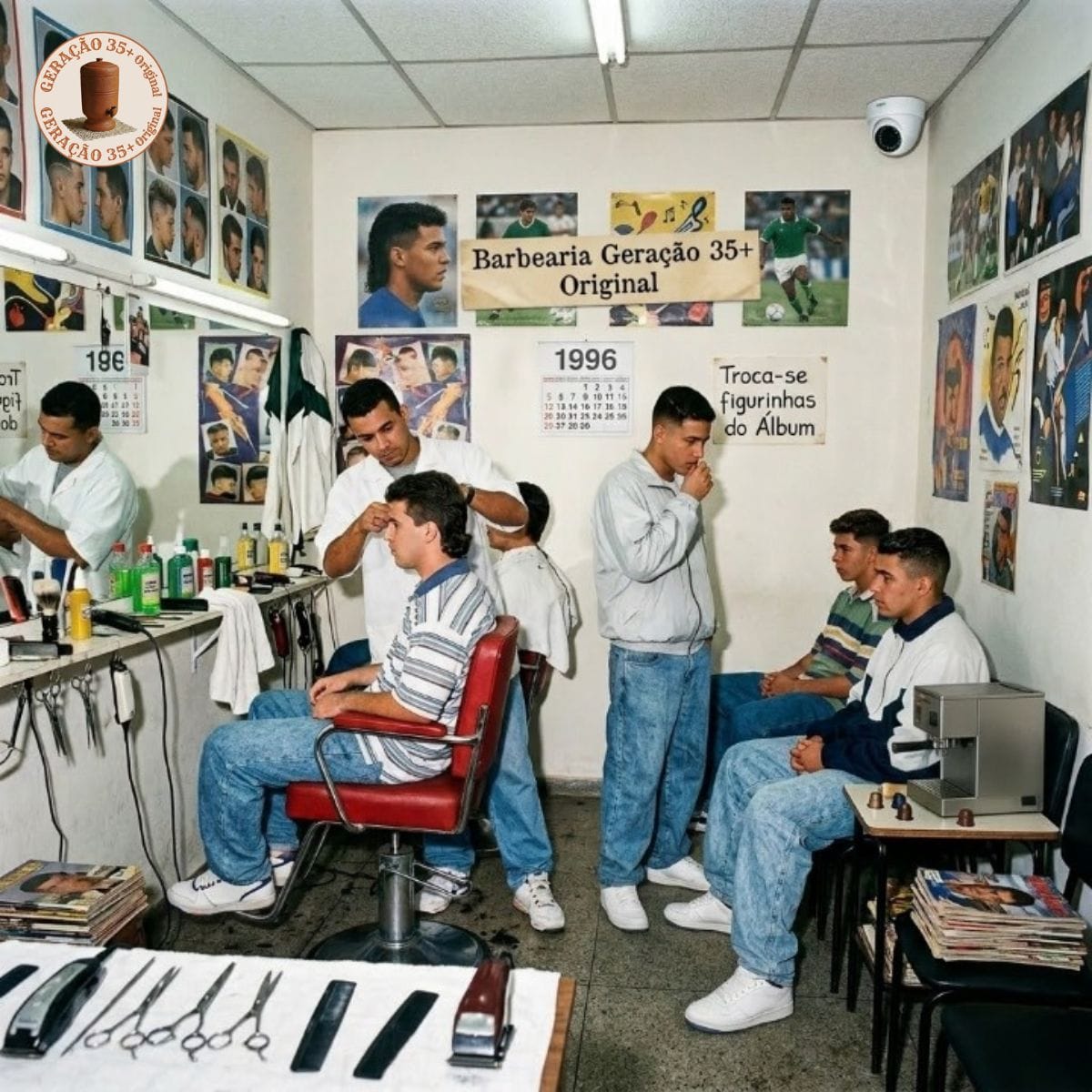 Foto de uma barbearia dos anos 90 com três itens modernos escondidos para desafio visual de nostalgia.