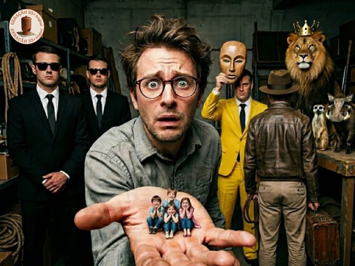 Cenário misterioso com referências visuais de 5 filmes antigos, mostrando um homem com crianças na mão, agentes de terno preto, homem de terno amarelo com máscara, aventureiro com chicote e um leão coroado ao fundo.