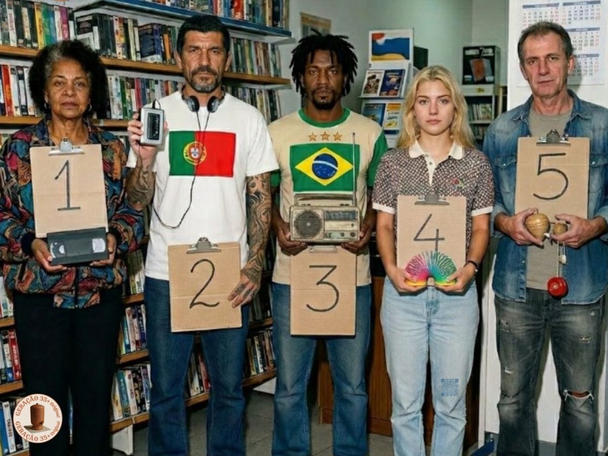 5 suspeitos em 1992 alinhados dentro de uma locadora de fitas VHS antiga segurando placas numeradas de 1 a 5 para um desafio de identificar o viajante do tempo.