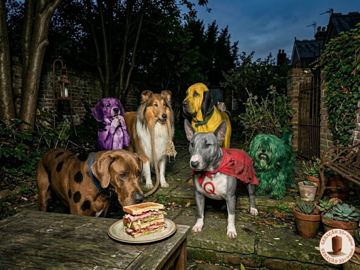 Foto flash estilo anos 90 reunindo 6 cachorros icônicos da ficção, incluindo o cão Coragem roxo, Scooby-Doo e Pluto de forma realista.