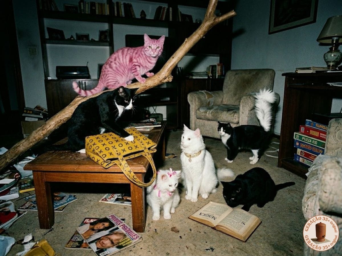 Fotografia amadora estilo anos 90 com flash direto revelando 6 gatos icônicos em uma sala: um gato preto de rosto branco com maleta, um gato listrado de rosa no galho, duas gatas brancas elegantes, um gato preto lendo livro de mágica e uma gata preta e branca com rabo felpudo.