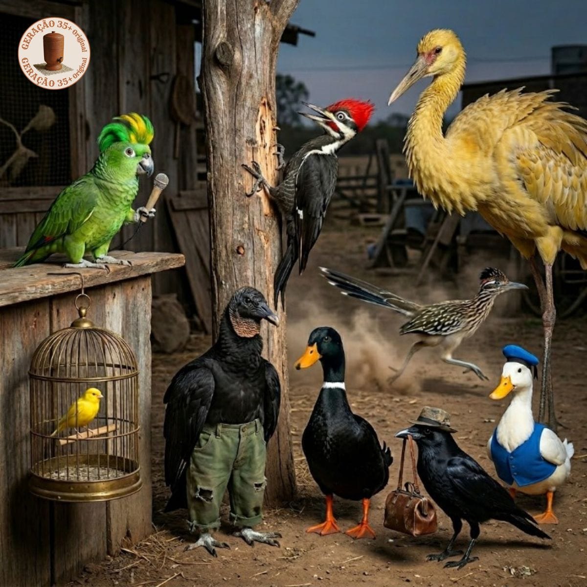 Composição realista estilo foto com flash de 9 pássaros famosos da TV e desenhos, incluindo Pica-Pau, Louro José e Zeca Urubu em uma fazenda.