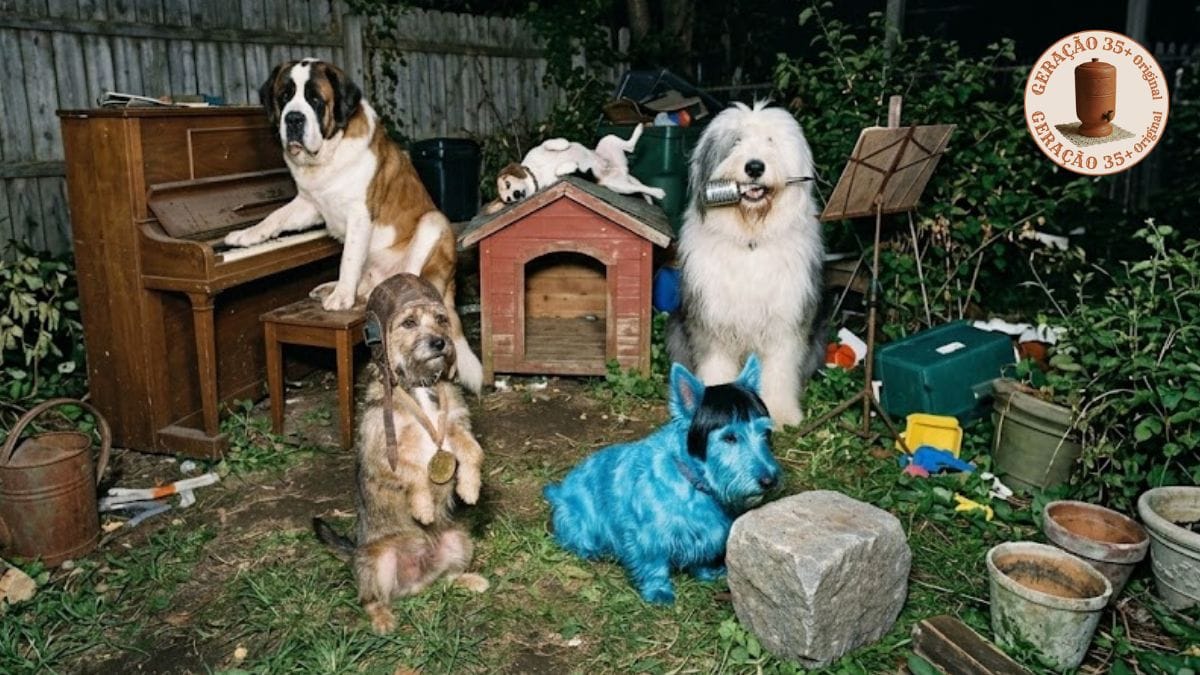 Fotografia com flash de alta intensidade mostrando cinco cães famosos em versões realistas num quintal à noite: um São Bernardo no piano, um Beagle no telhado da casinha, um Sheepdog com microfone, um Terrier azul com franja e um vira-lata de capacete aviador. No canto, o logo Geração 35+ Original.