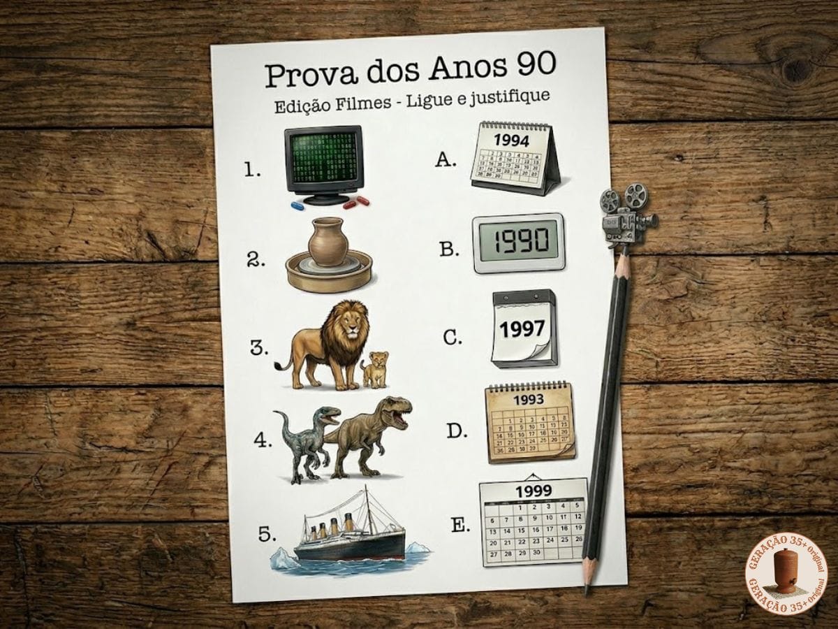Folha de papel sobre mesa de madeira com o título Prova dos Anos 90. De um lado, desenhos de um pote de argila, leões, dinossauros, um navio e pílulas. Do outro, calendários misturados marcando anos entre 1990 e 1999. Ao lado, um lápis com ponta em formato de projetor de cinema.