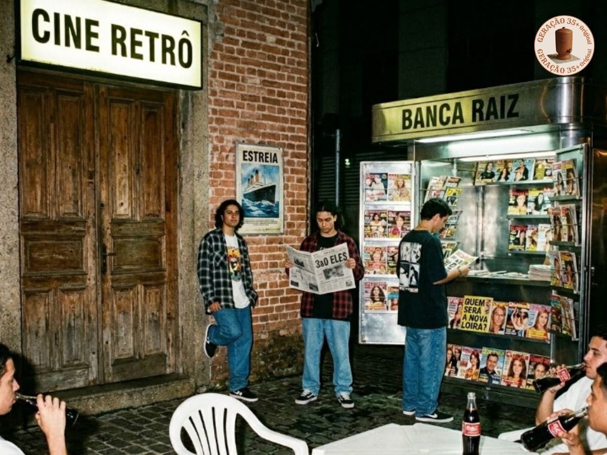 Imagem realista frontal de uma rua de paralelepípedos nos anos 90. À esquerda, um cinema exibe o cartaz de estreia do Titanic. À direita, uma banca destaca a revista sobre a nova loira do Tchan. No centro, um jovem lê o jornal com a manchete Passeio da França. Pessoas bebem Raiz Cola em cadeiras de plástico para ajudar a acertar o ano.