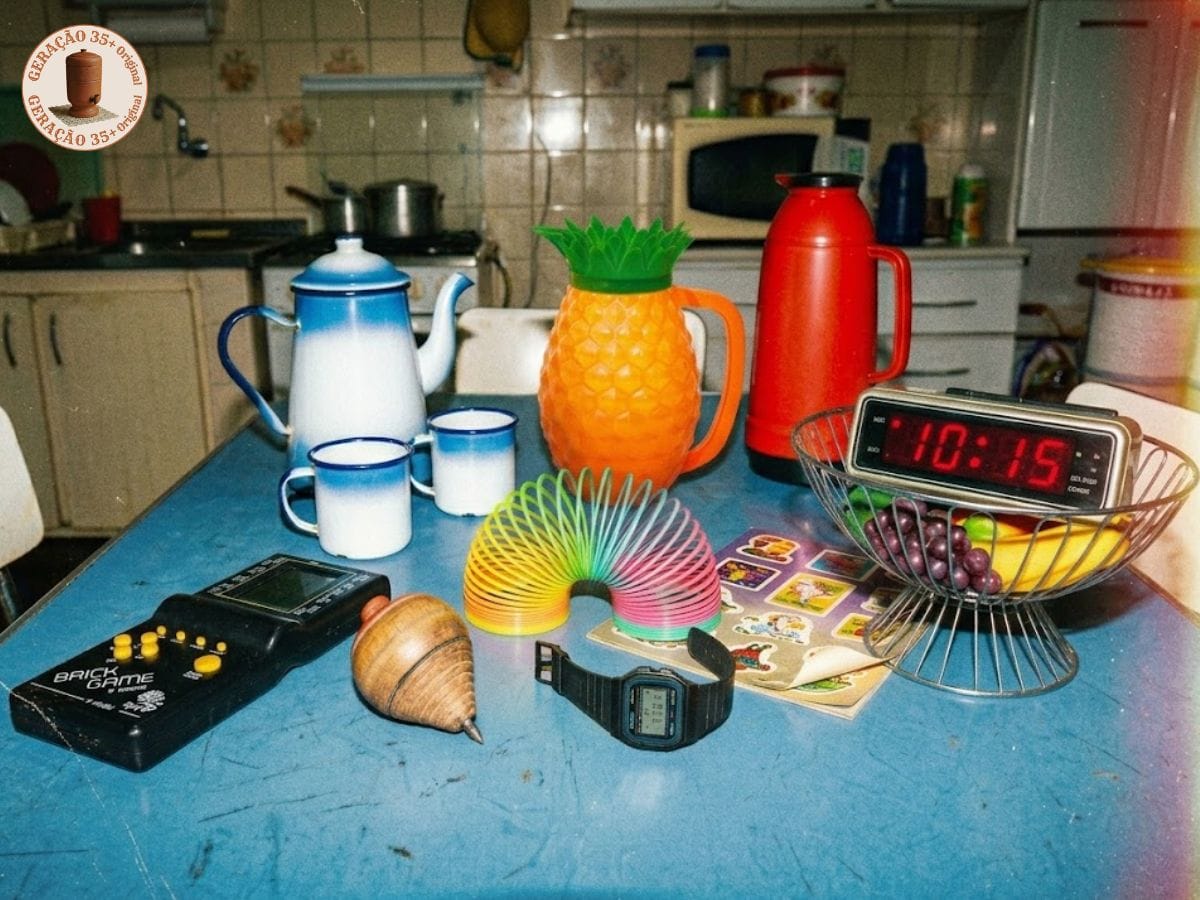 Uma foto de acervo raiz mostrando uma mesa de cozinha azul com diversos itens nostálgicos como um Brick Game, mola maluca, pião e jarra de abacaxi.