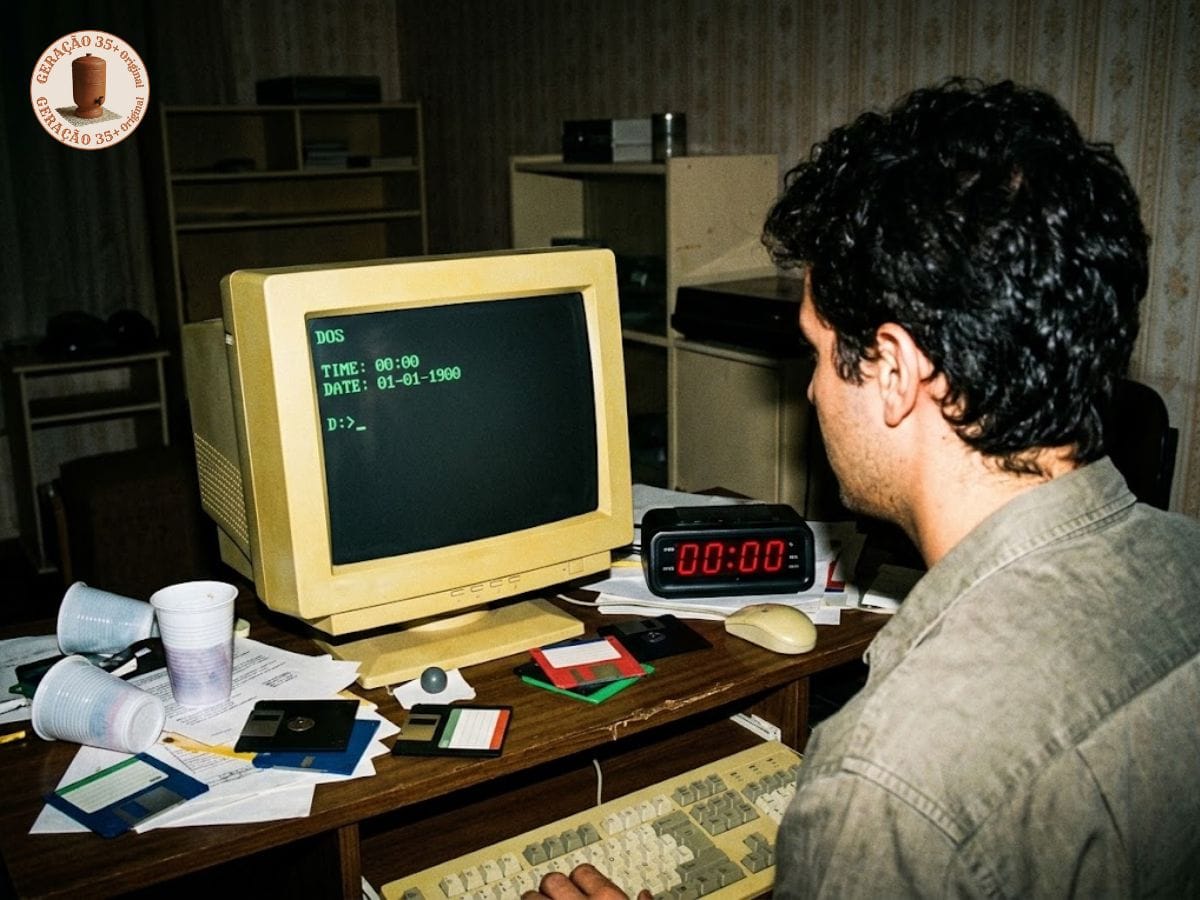 Snapshot amador em estilo foto flash dos anos 90 mostrando a tela de um computador de tubo bege travada no sistema DOS com a hora 00:00 e a data de 1900, ao lado de um relógio digital piscando, ilustrando o pânico doméstico com o bug do milênio na virada do ano 2000.