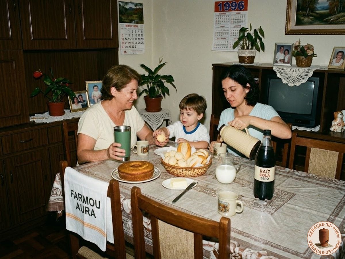 Fotografia em estilo vintage com flash direto de um café dos anos 90 em 1996, mostrando mesa com bolo, garrafa térmica e objetos intrusos modernos.