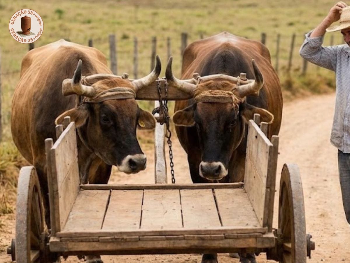 Fotografia colorida e realista de um carro de boi tradicional em uma estrada de terra, ilustrando o ditado "colocar a carroça na frente dos bois"