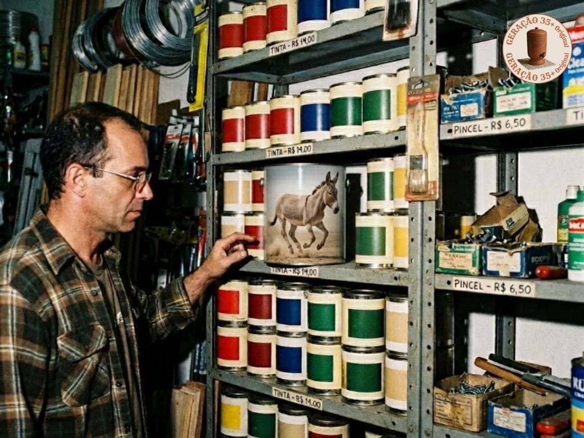 Foto com filtro antigo de homem com camisa de flanela xadrez em pé dentro de uma loja de tintas com prateleiras de ferro, olhando para uma lata de tinta no centro que tem a imagem de um burro correndo, ilustrando a expressão cor de burro quando foge.