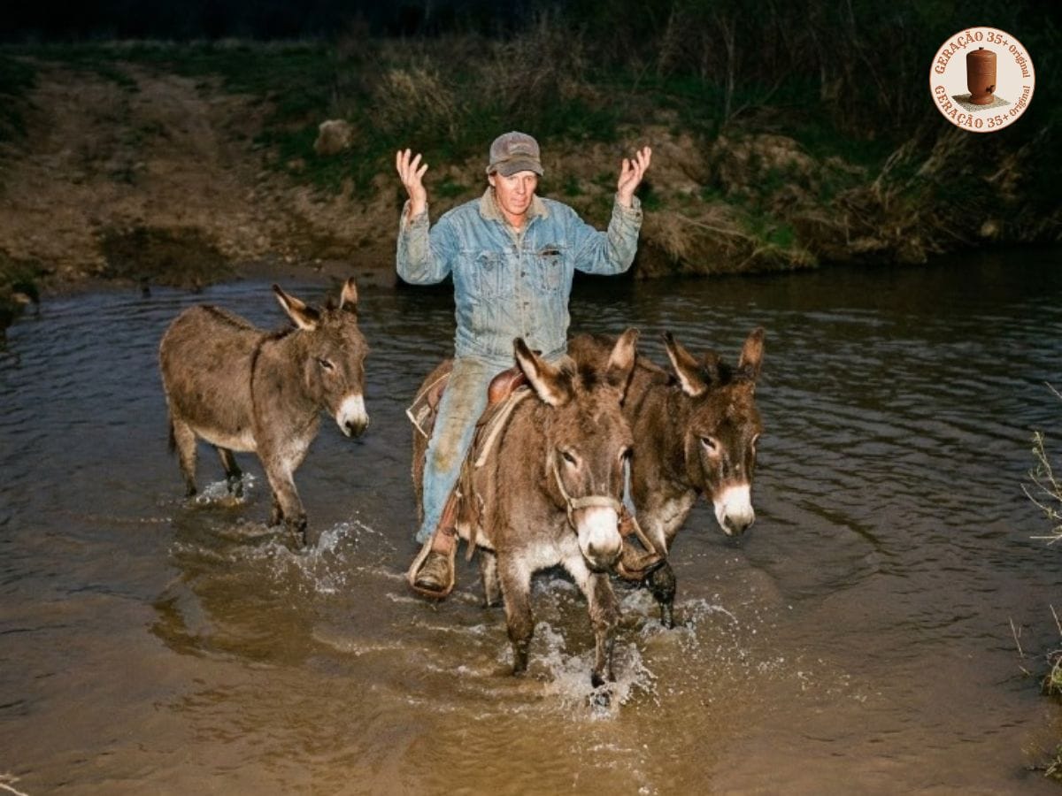 Ilustração realista retratando o antigo ditado dar com os burros na água