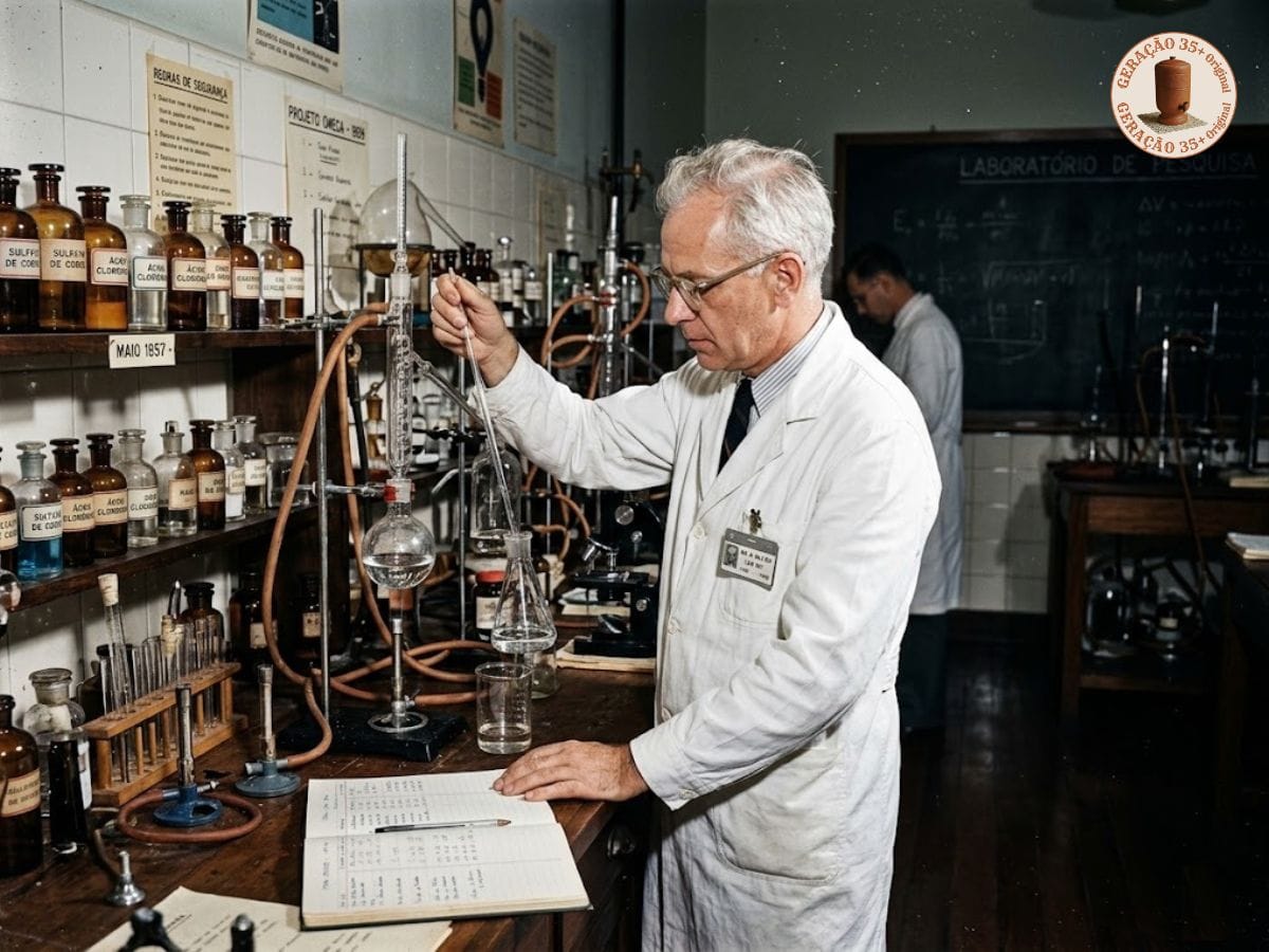 Fotografia em estilo vintage de um cientista em um laboratório antigo com frascos de vidro, microscópio e anotações, ilustrando a descoberta acidental de um famoso brinquedo anos 90.
