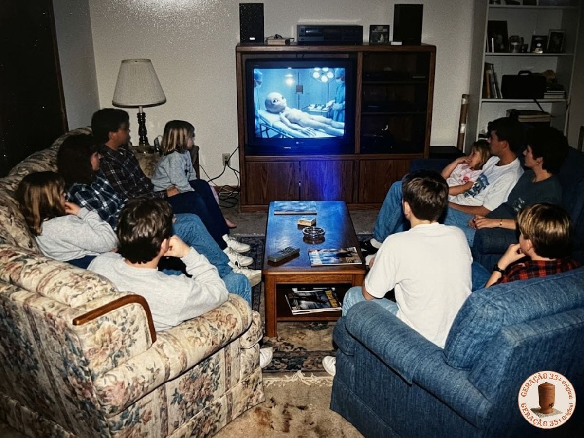 Grupo de pessoas reunido na sala de estar assistindo à transmissão sobre os ETs no Fantástico em uma televisão de tubo clássica dos anos 90.