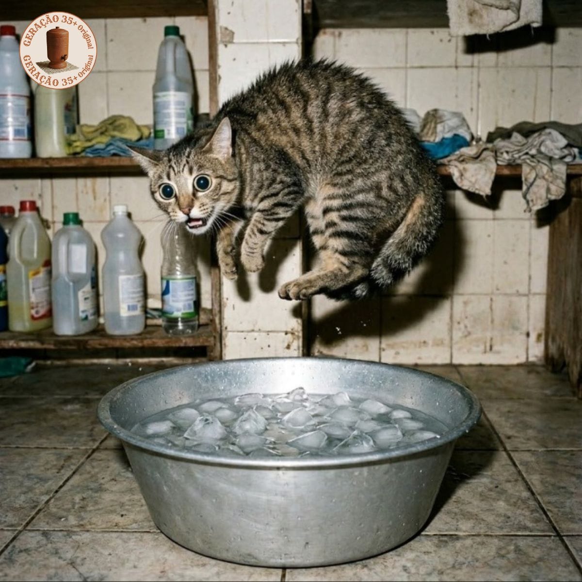 Gato preto e cinza olhando assustado para uma bacia de alumínio no chão, representando o ditado gato escaldado tem medo de água fria