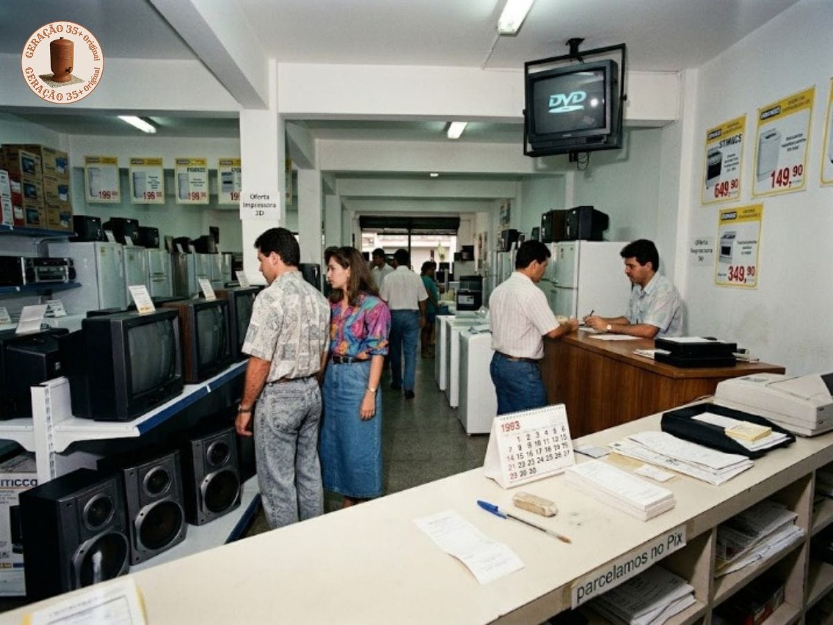 Snapshot analógico de uma loja dos anos 90 de eletrodomésticos com clientes, TVs de tubo, caixas de som e os três intrusos modernos escondidos no cenário.