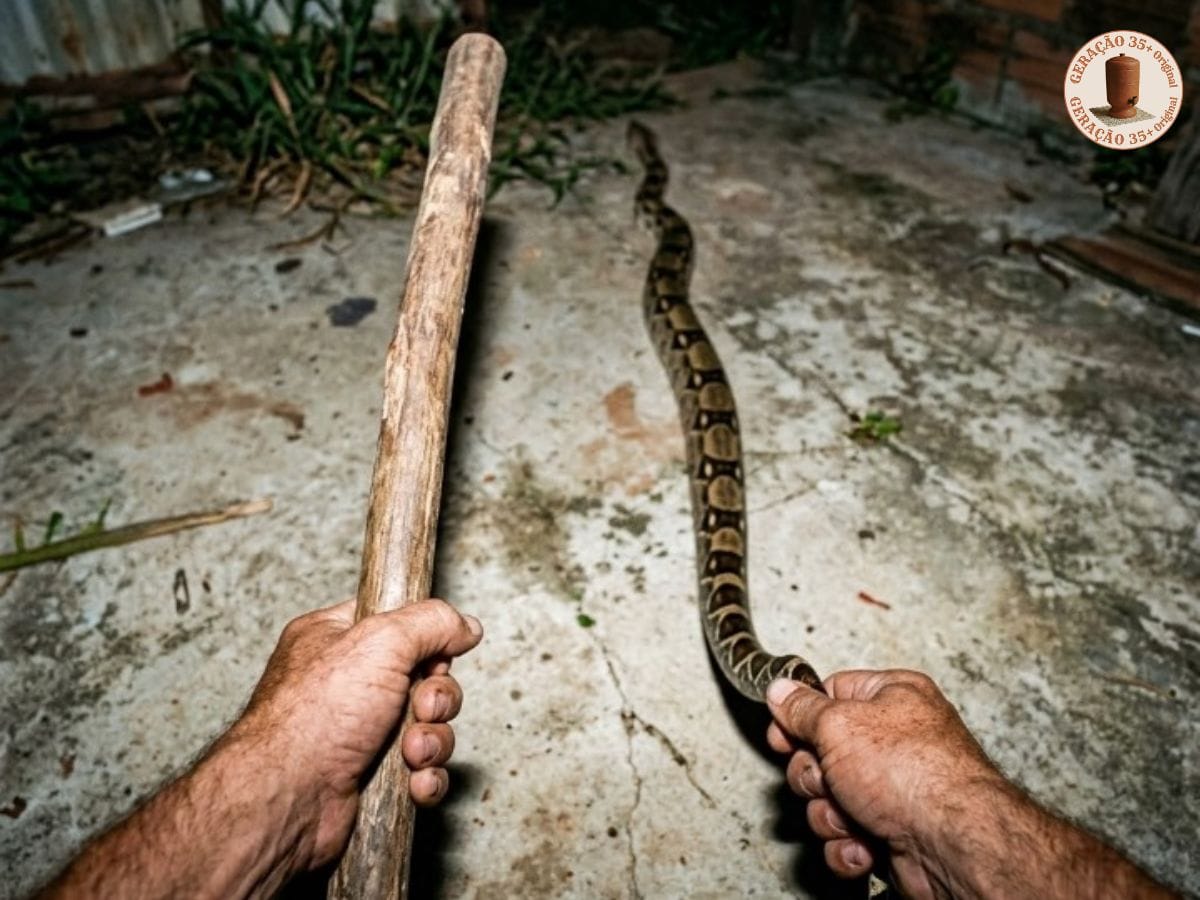 Visão em primeira pessoa de mãos segurando um porrete e uma cobra no chão, ilustrando a expressão mata a cobra e mostra o pau.