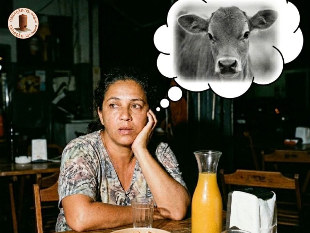 Uma foto de uma mulher sentada pensativamente em uma mesa de madeira em um restaurante rústico à noite, com a mão no queixo. Acima de sua cabeça, um balão de pensamento de quadrinhos contém a imagem de um bezerro, ilustrando literalmente e de forma humorística a expressão idiomática brasileira "pensando na morte da bezerra". O selo circular vermelho e dourado "GERAÇÃO 35+ ORIGINAL" está no canto superior esquerdo.