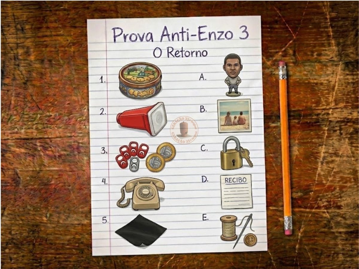 Gabarito impresso da Prova Anti-Enzo 3 sobre mesa de madeira com lápis, exibindo ilustrações de objetos nostálgicos dos anos 80 e 90 para ligar os correspondentes.