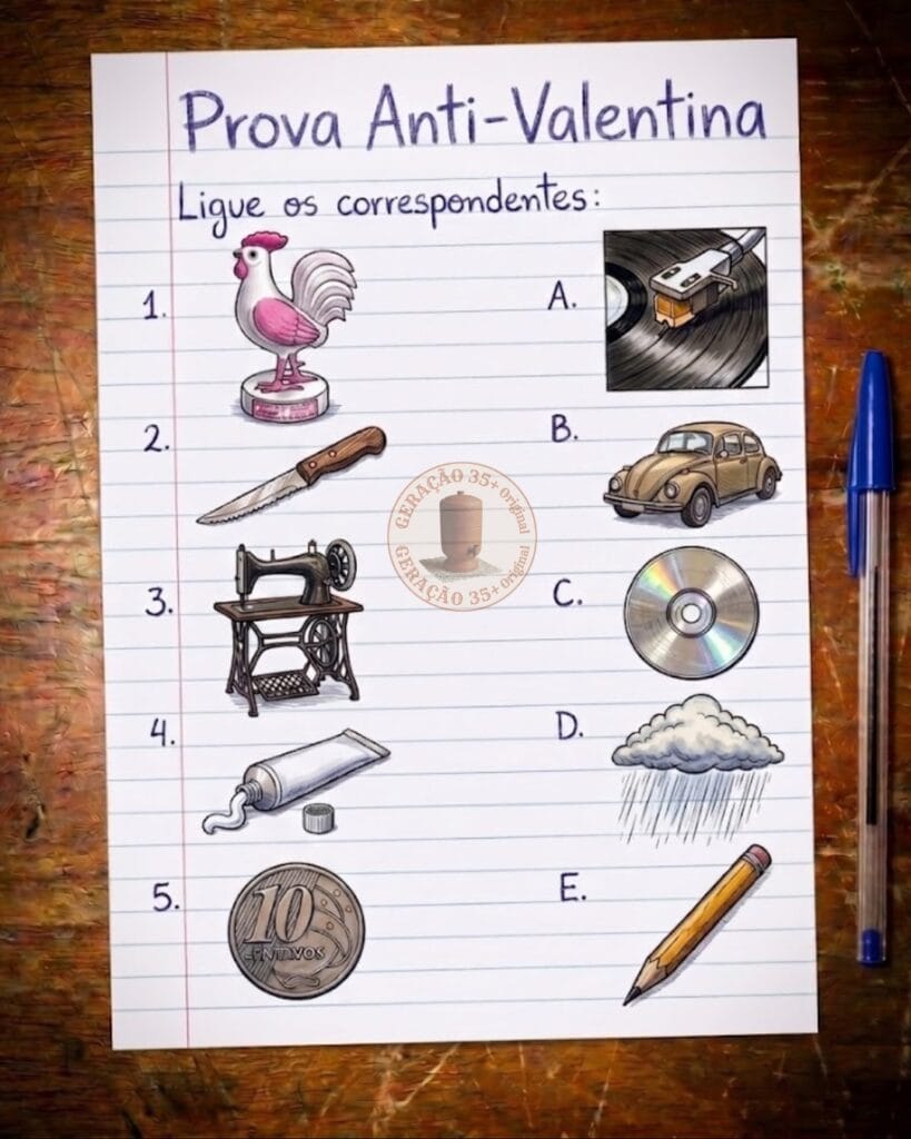 Folha de caderno com o título "Prova Anti-Valentina" sobre mesa de madeira, mostrando um jogo de ligar desenhos de objetos nostálgicos como galo do tempo e máquina de costura.