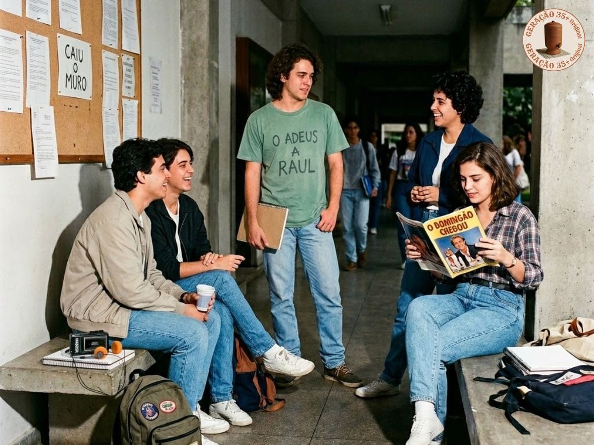Fotografia amadora com flash de estudantes universitários nos anos 80. O cenário esconde pistas como Muro de Berlim e Raul Seixas para descobrir o ano exato.
