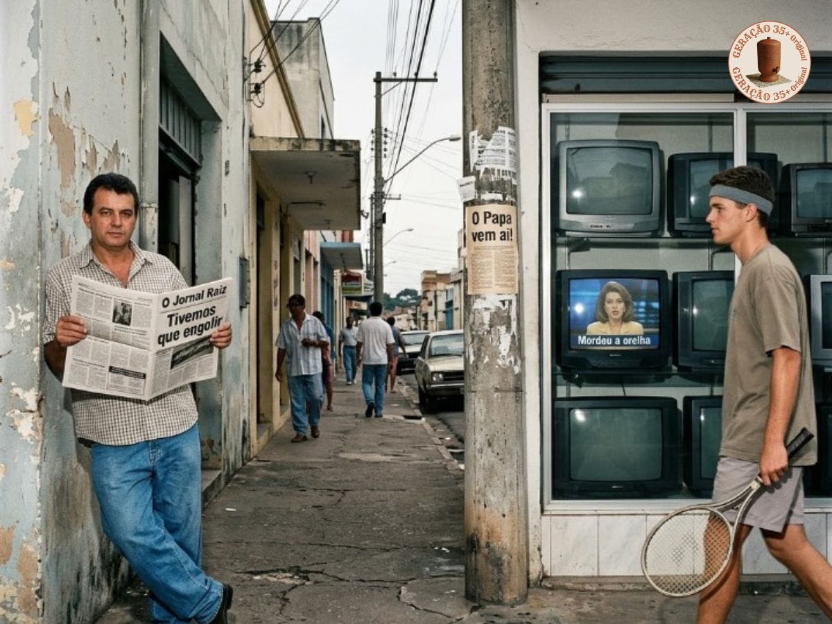 Foto estilo snapshot anos 90 de rua brasileira com homem lendo jornal com manchete tivemos que engolir e tv CRT ligada mostrando mordeu a orelha, ano exato