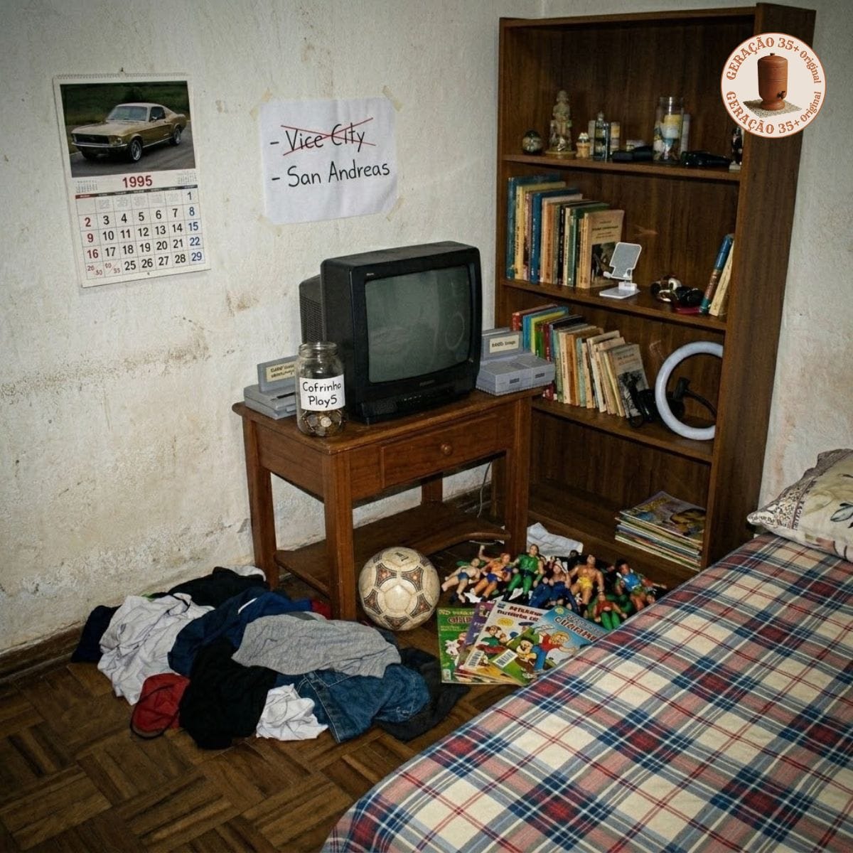 Imagem de um quarto dos anos 90 com itens intrusos como cofrinho de Play5 e ring light."