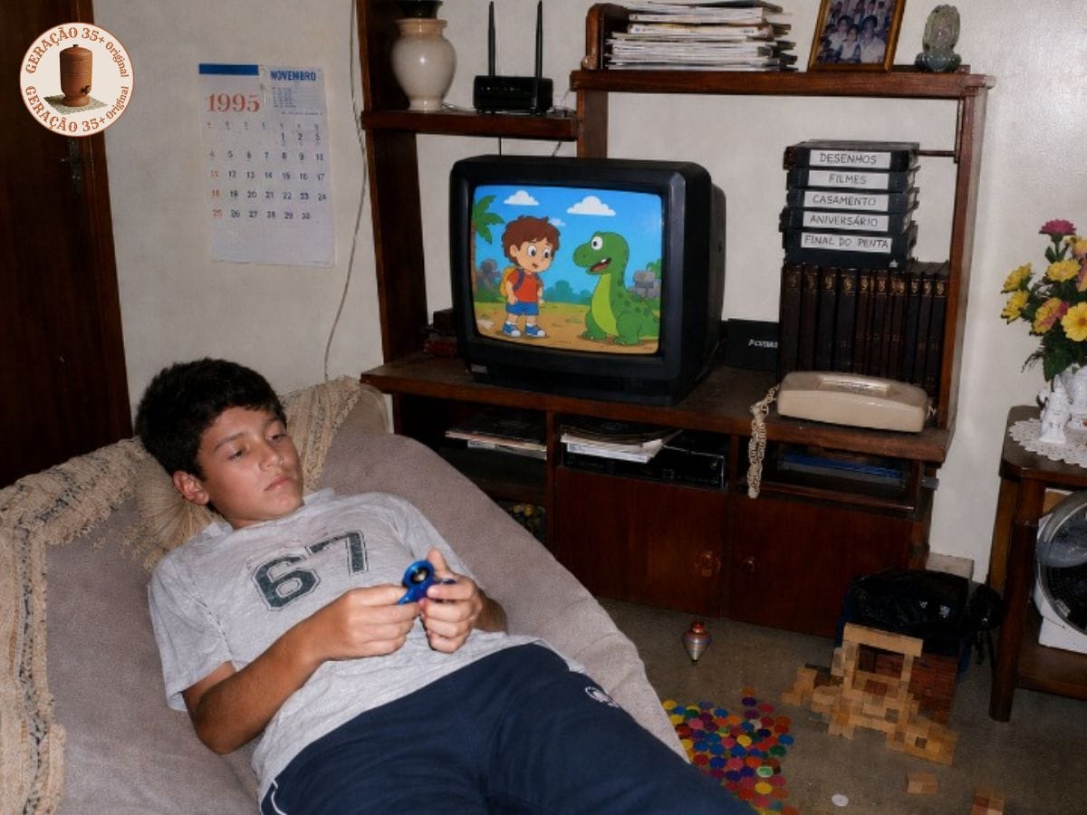 Foto amadora estilo snapshot anos 90 em formato quadrado de uma sala dos anos 90 bagunçada com TV de tubo, fita VHS escrito Final do Penta e um menino jogando fidget spinner, desafio do intruso