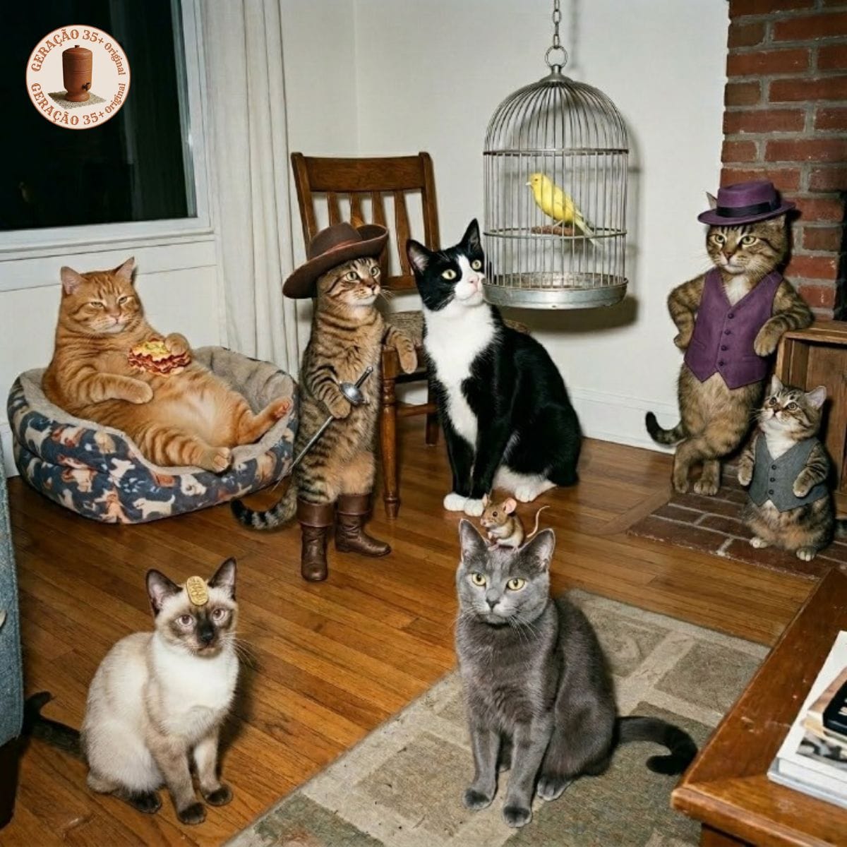 Composição nostálgica em estilo foto flash representando sete gatos famosos como Garfield, Gato de Botas, Frajola, Manda-Chuva, Batatinha, Tom e Miau em uma sala antiga.