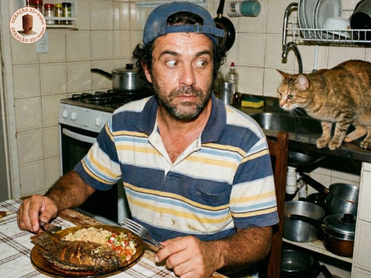 Fotografia estilo snapshot amador com flash direto de um gato malhado atento a um prato com peixe, representando o ditado um olho no peixe outro no gato