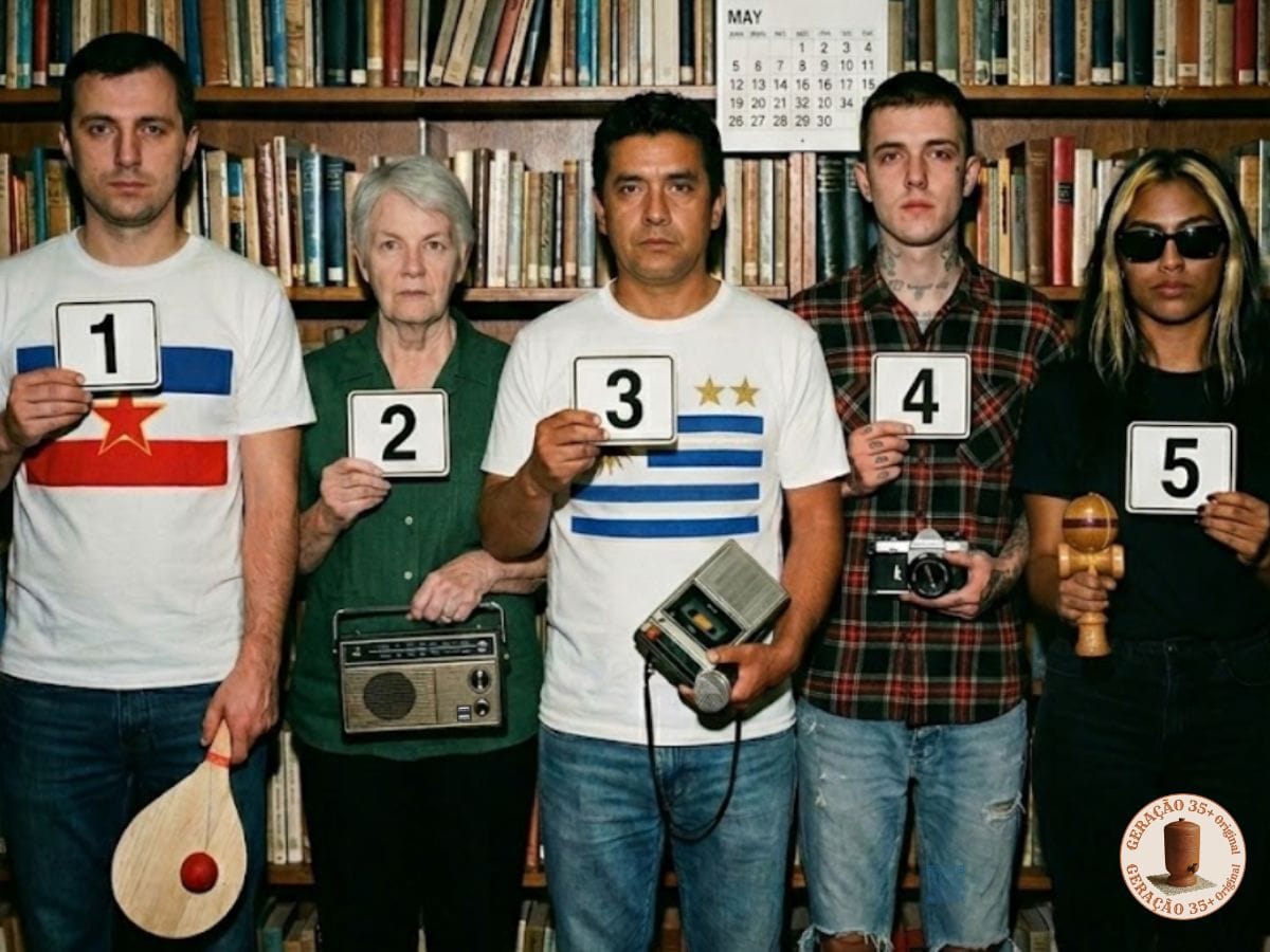 Imagem estilo foto flash amadora de 5 suspeitos em 1991 alinhados em uma biblioteca. Eles seguram objetos nostálgicos como bate-beg, rádio retrô, gravador K7, câmera analógica e biboquê.