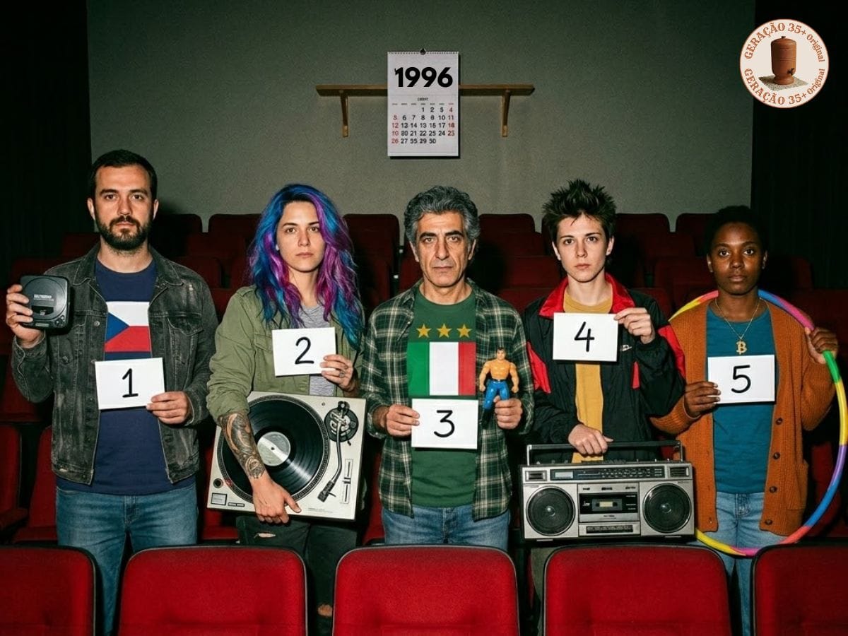 Cinco suspeitos alinhados de costas para as cadeiras vazias de um cinema antigo em 1996. Cada pessoa segura uma placa de identificação com números de 1 a 5 e um objeto da época. No cenário, há detalhes nostálgicos e um calendário na parede marcando o ano do desafio dos 5 suspeitos em 1996 de forma visível.