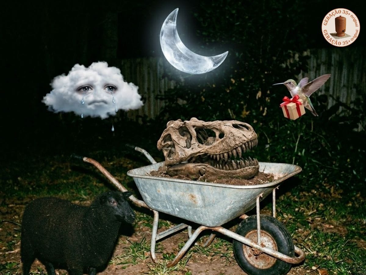 Fotografia amadora de um quintal à noite, com flash estourado, contendo uma ovelha negra, carrinho de mão, fóssil de dinossauro, lua de cristal, beija-flor com presente e nuvem chorando, representando 6 músicas famosas.