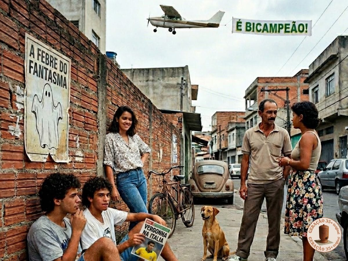 Movimentação de pedestres em uma rua dos anos 90 no Brasil. Um avião traz a faixa É BICAMPEÃO no céu, um cartaz sobre o filme do fantasma decora a parede e um homem segura uma revista sobre a Itália, revelando o desafio do ano exato na calçada.
