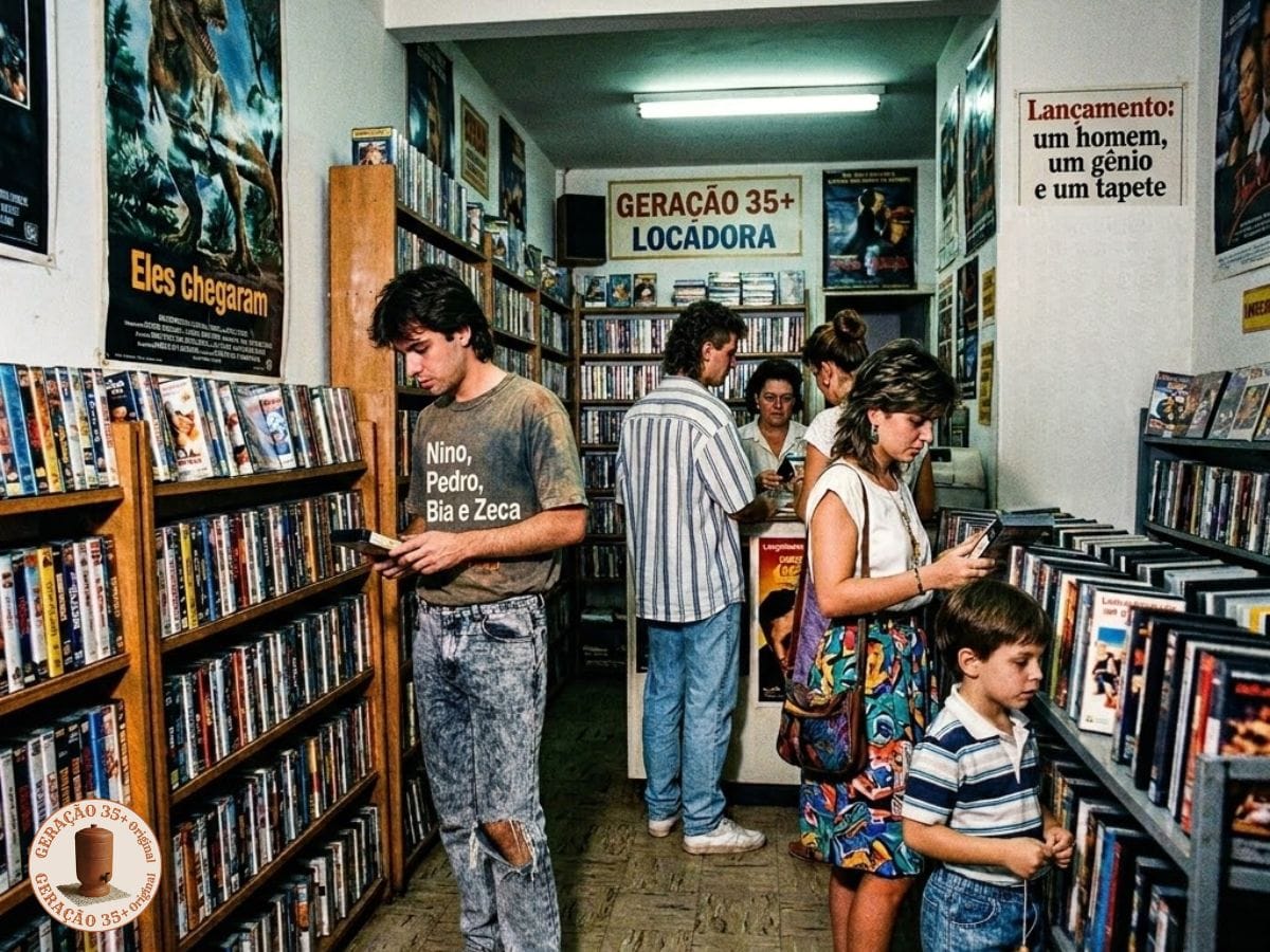 Fotografia dos anos 90 qual o ano exato na locadora, mostrando quatro pessoas em uma videolocadora brasileira cheia de fitas VHS
