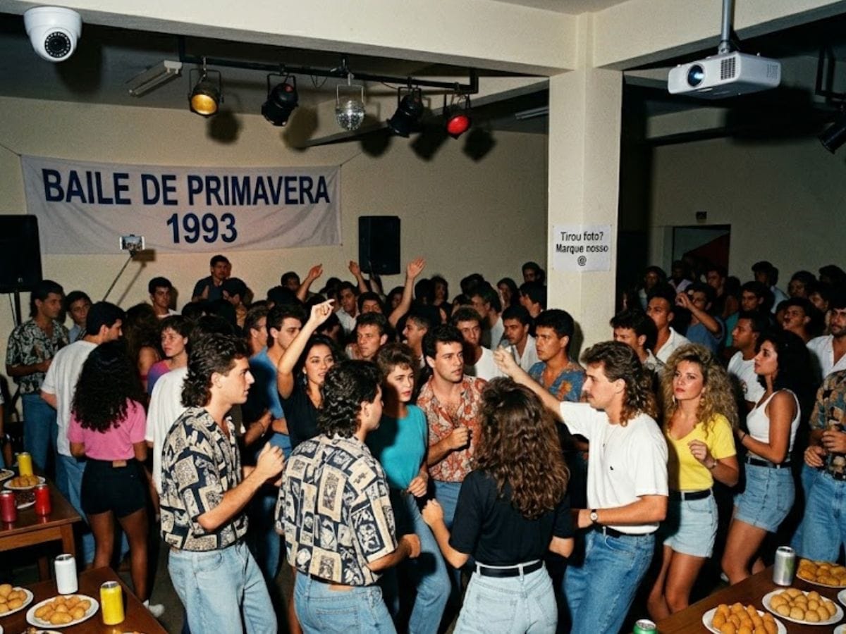 Fotografia em estilo snapshot amador com flash direto mostrando um animado baile dos anos 90 em uma danceteria brasileira cheia de pessoas.