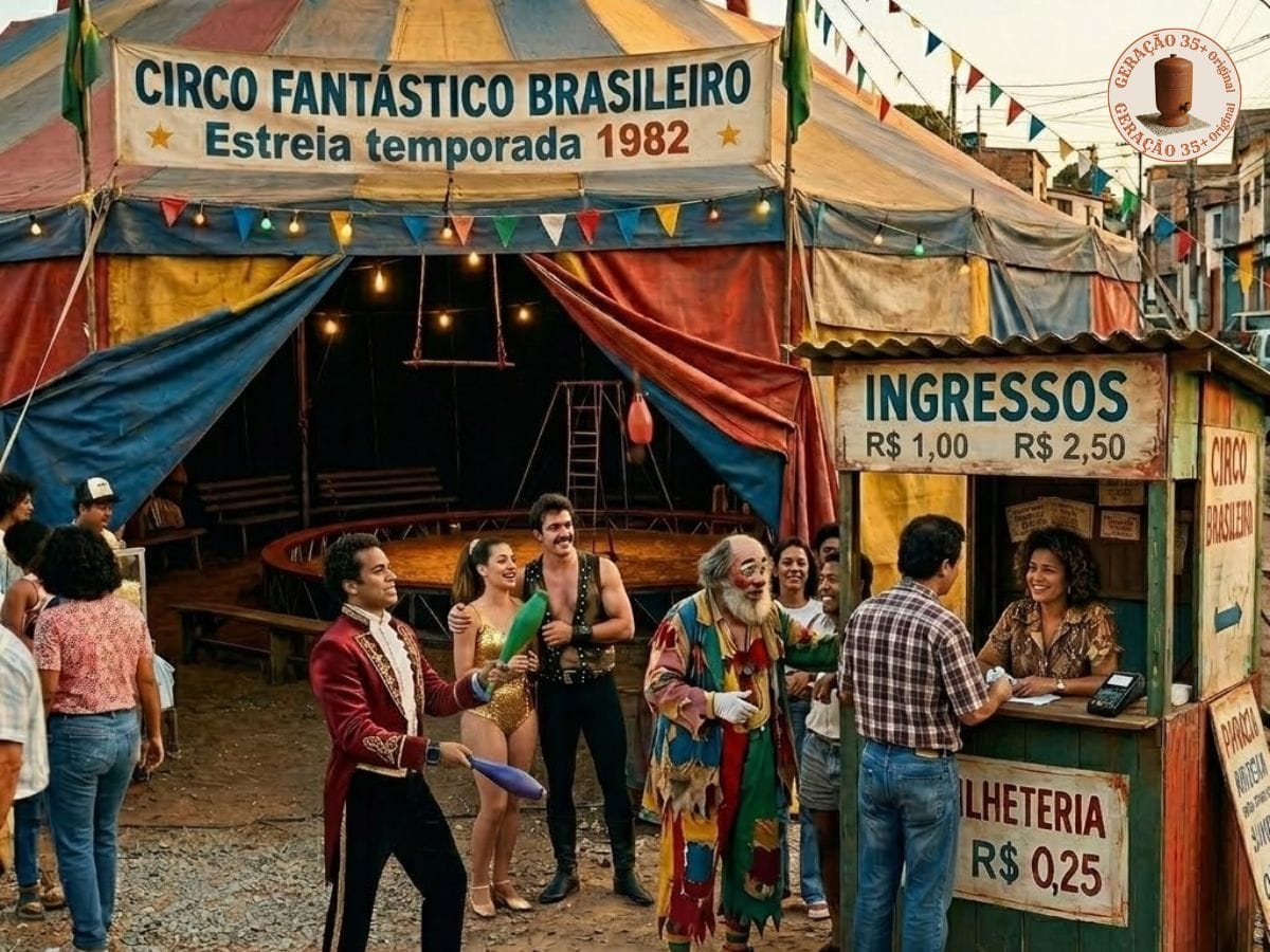 Desafio do Intruso: Circo dos anos 80" sobre foto de um picadeiro antigo em 1982 com luz direta de flash. O público assiste nas arquibancadas de madeira. Os quatro erros modernos escondidos são: uma maquininha de cartão com tela digital na bilheteria, o malabarista usando um relógio digital inteligente no pulso, a tabela de preços mostrando valores em Real e um letreiro com a palavra "ESTREIA" escrita sem acento.