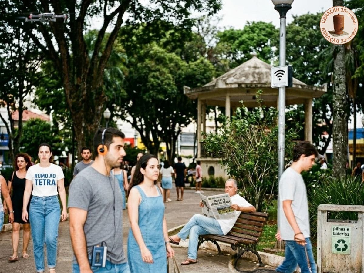 Fotografia amadora com flash de uma praça dos anos 90 com pessoas caminhando, um banco de madeira e anacronismos escondidos como drone e placa de Wi-Fi.
