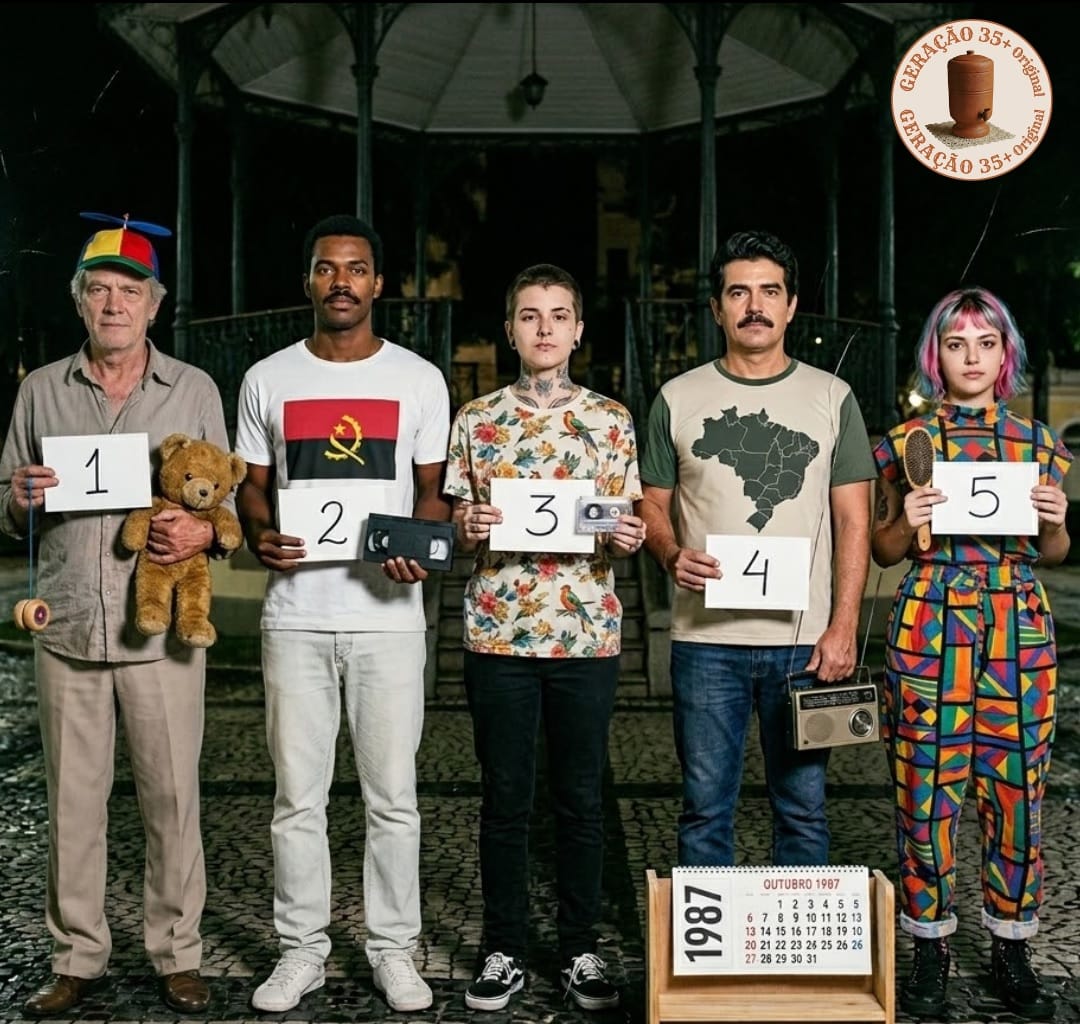 Cinco pessoas posam em fila segurando placas numeradas de 1 a 5 em frente a um coreto à noite, com um calendário de outubro de 1987 no chão. Elas seguram objetos de época como fita VHS, fita K7, urso de pelúcia, radinho e escova de cabelo. Na parte superior, o texto destaca: "5 Suspeitos em 1987: Quem veio do futuro?".