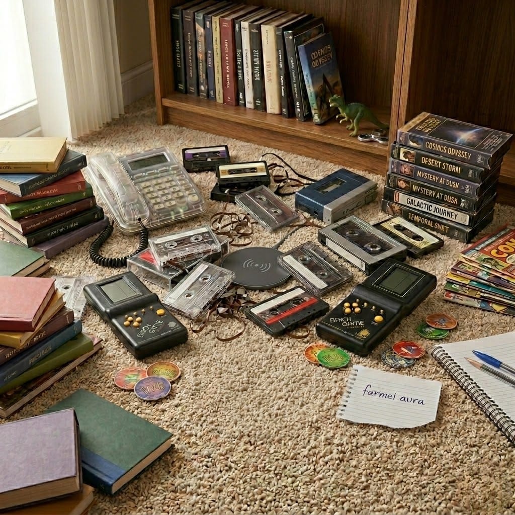 Quarto dos anos 90 com chão de carpete repleto de fitas cassete, walkman, minigames portáteis, telefone fixo transparente e estante com livros e fitas VHS, contendo objetos modernos escondidos fora de época.